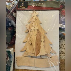 Holiday Time Natural Wood Santa Tree wall hanging decoration.13” by 10”